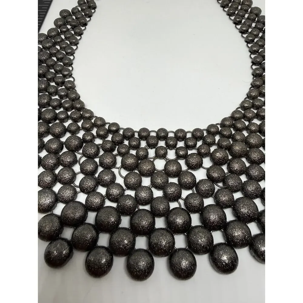 Gunmetal Textured Disc Bib Necklace Statement Collar Brutalist Goth Maximalist